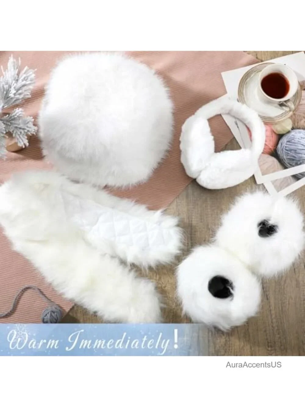 Warm Winter Faux Fur Accessories Set Scarf Hat Earmuffs Wrist Cuffs